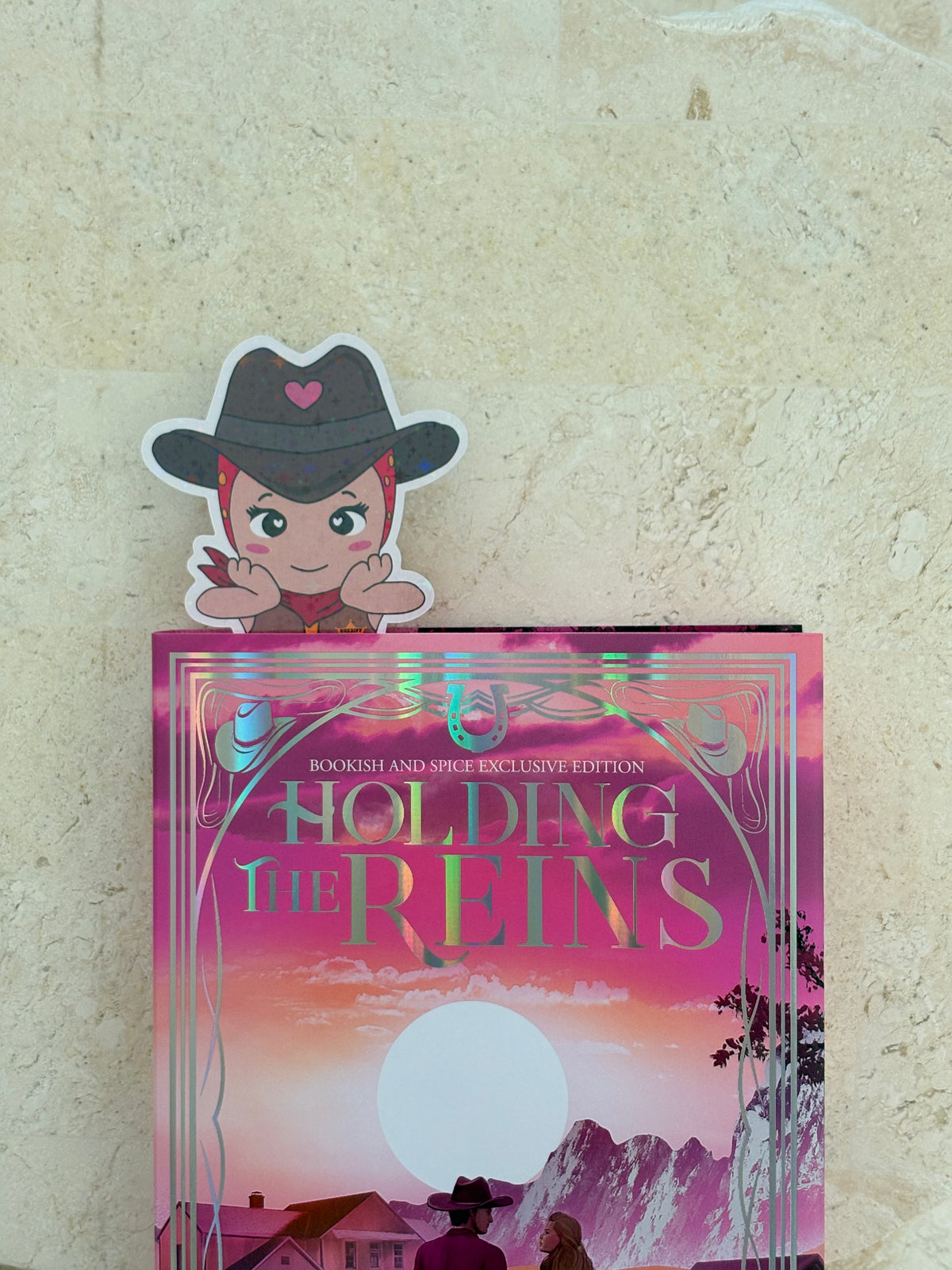 A book titled 'Holding the Reins: Bookish and Spire Exclusive Edition' with a colorful western-themed cover, displayed on a textured beige stone surface with a cartoon cowboy character sticker above it.