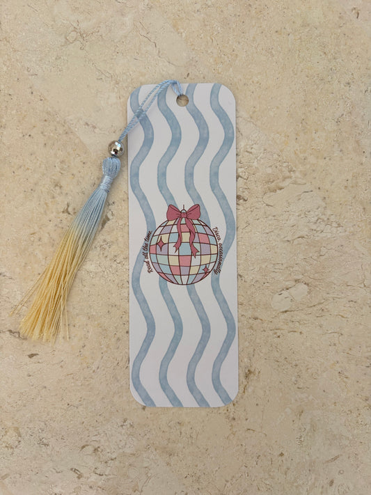 A rectangular bookmark with blue wavy lines, a disco ball illustration, and a blue and yellow tassel.